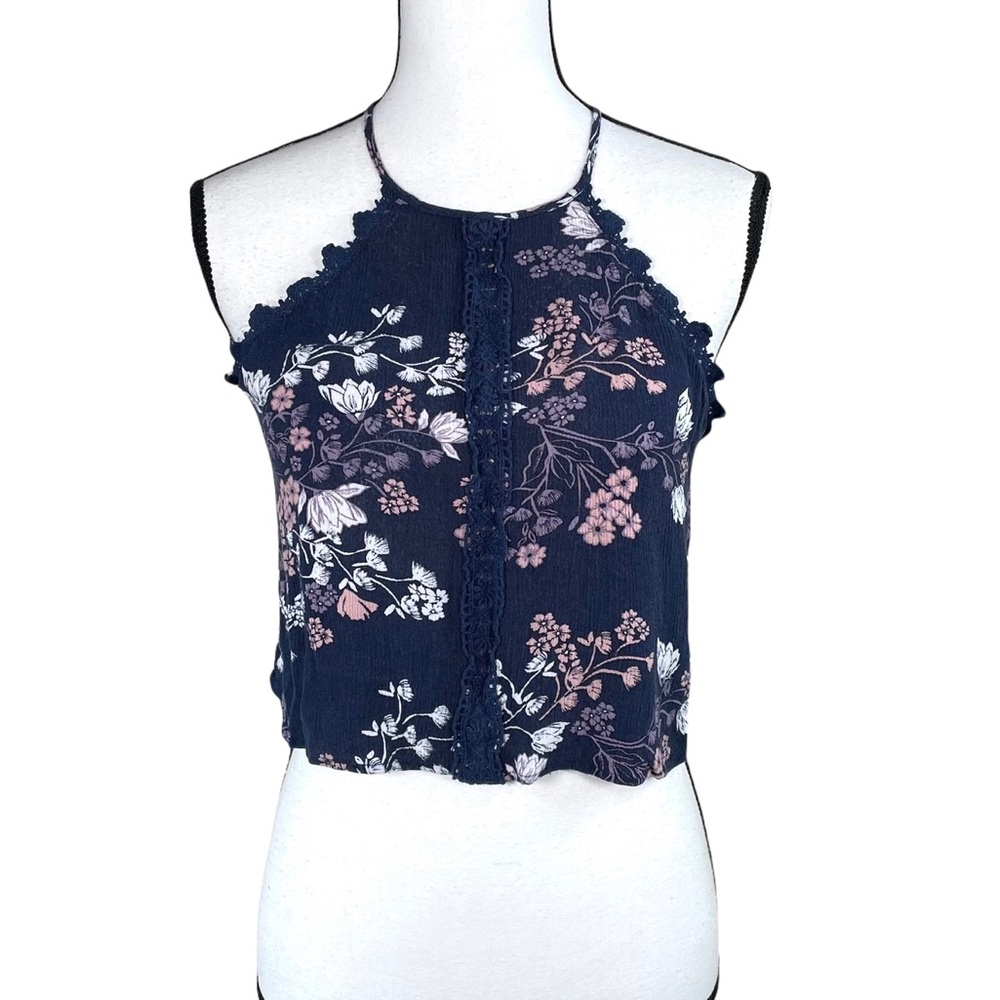 Kendall & Kylie Navy Floral Crop Halter Top